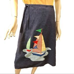 Vintage 1970s Denim Wrap Skirt Medium Sailboat Gingham